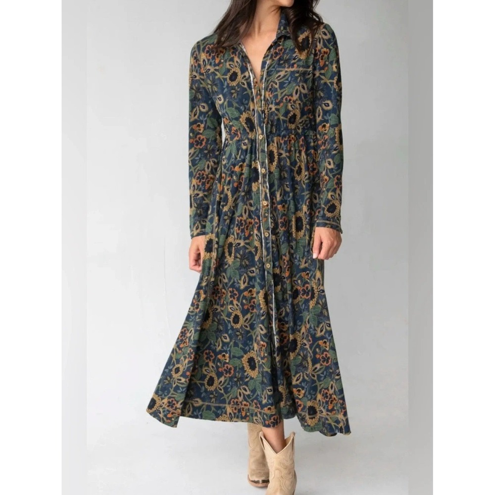 Natural Life Christa Knit Cotton Maxi Dress Size M Navy Tan Dahlias Floral Boho